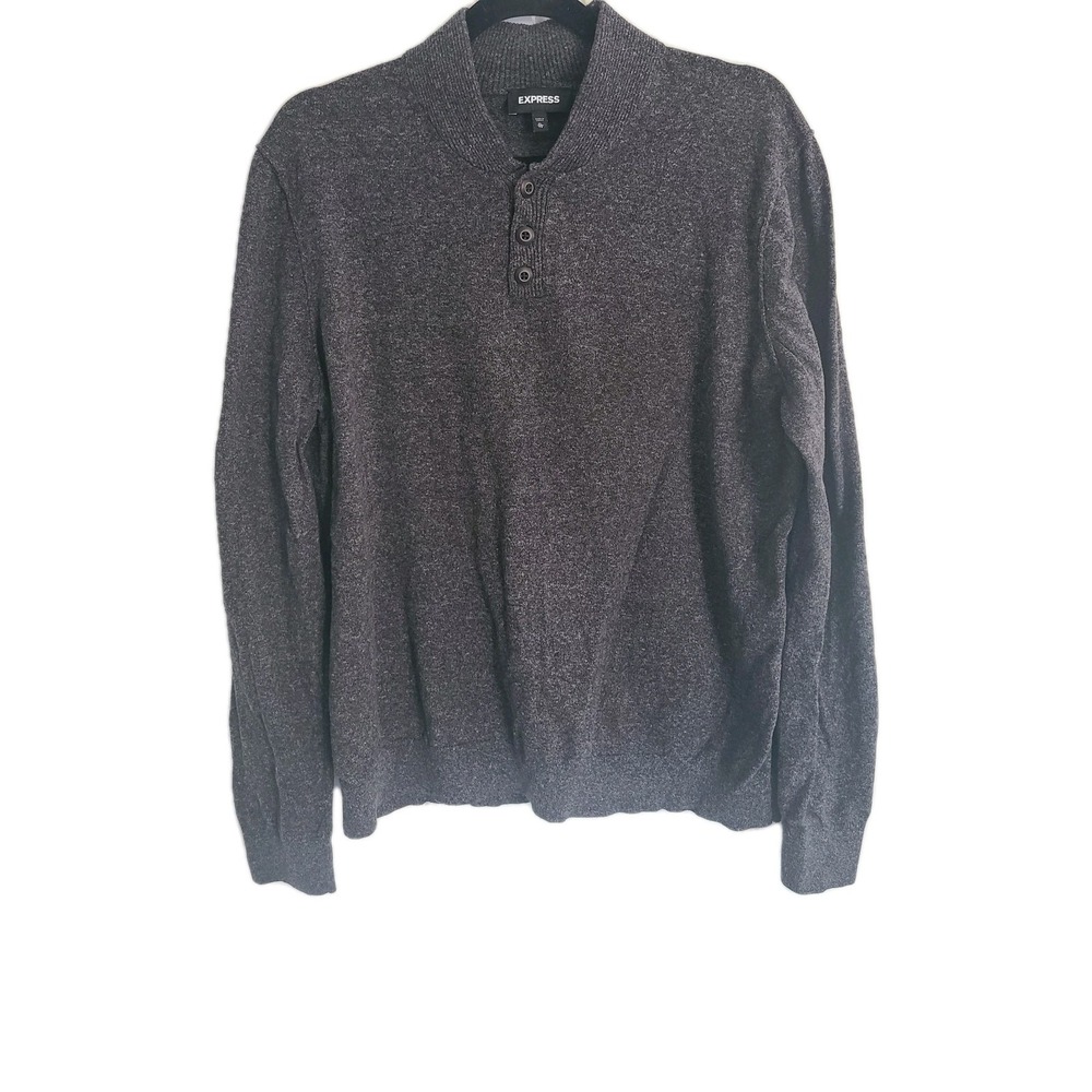 Express 100% Cotton 3 Button Mock‎ Neck Sweater Size XL Charcoal Gray Mens